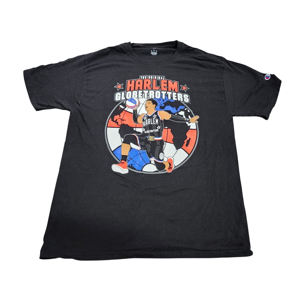 HARLEM GLOBETROTTERS CHAMPION MENS L BLACK BASKETBALL WORLD TOUR TEE EUC